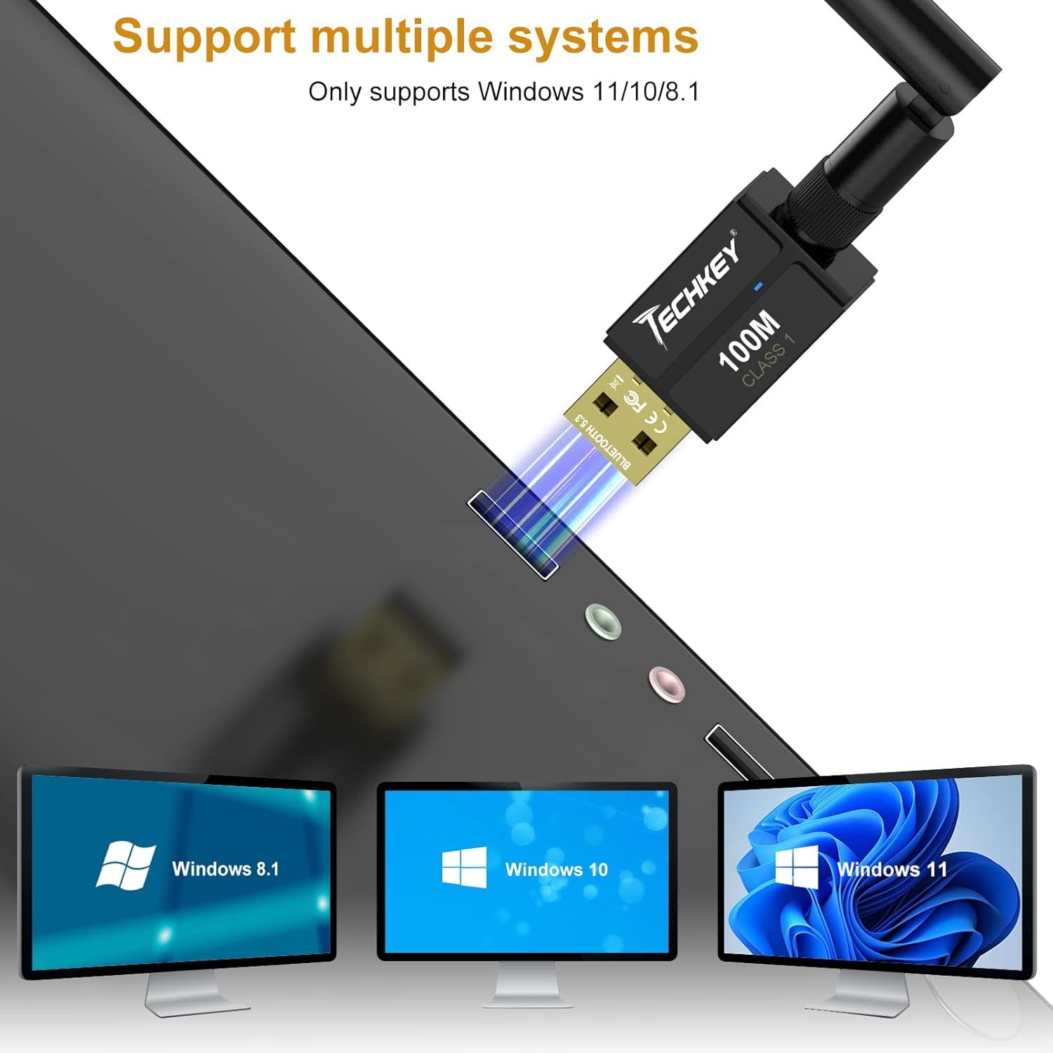 Demonstrates the product's compatibility across multiple Windows operating systems (Windows 11, 10, and 8.1) to reassure shoppers that the USB device will…