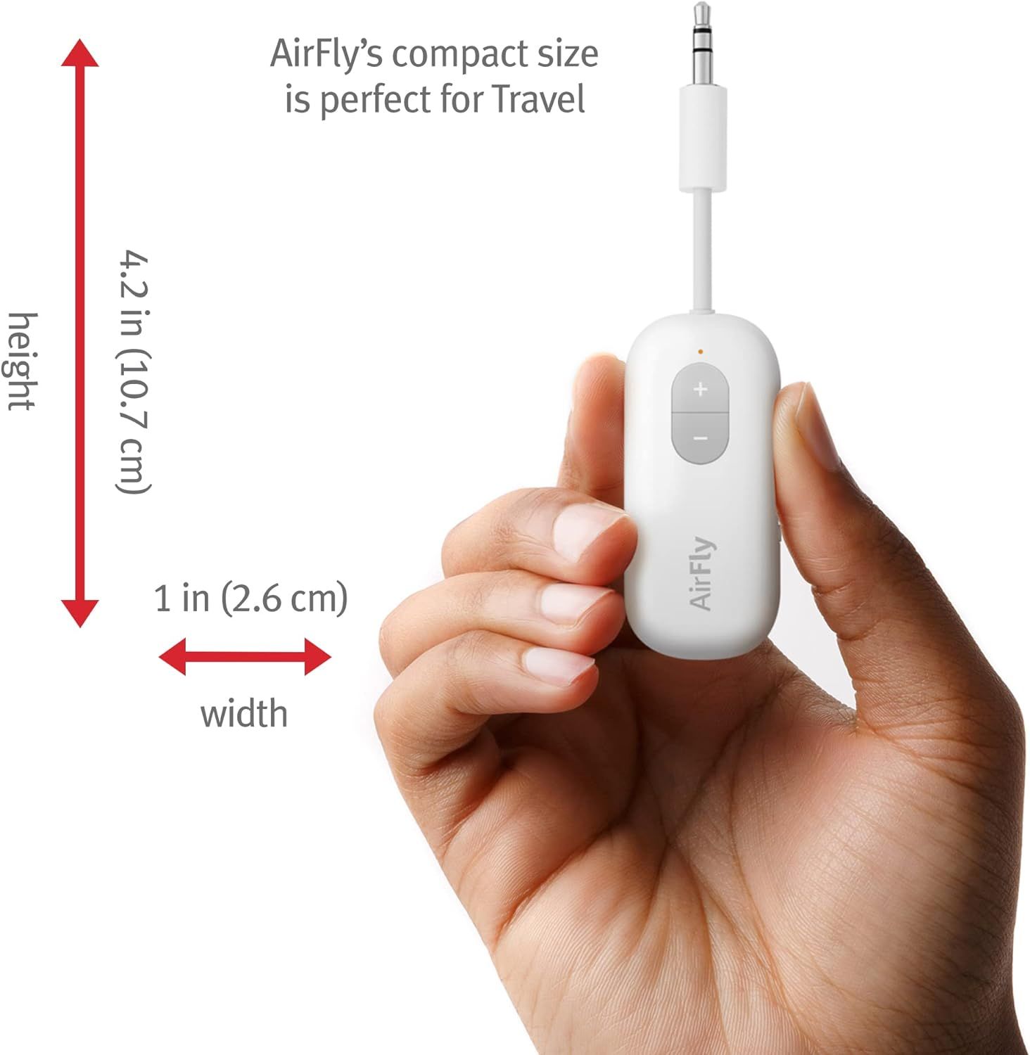 Demonstrates the product's compact physical dimensions (4.2 inches height, 1 inch width) with a hand for scale, emphasizing its portability and…