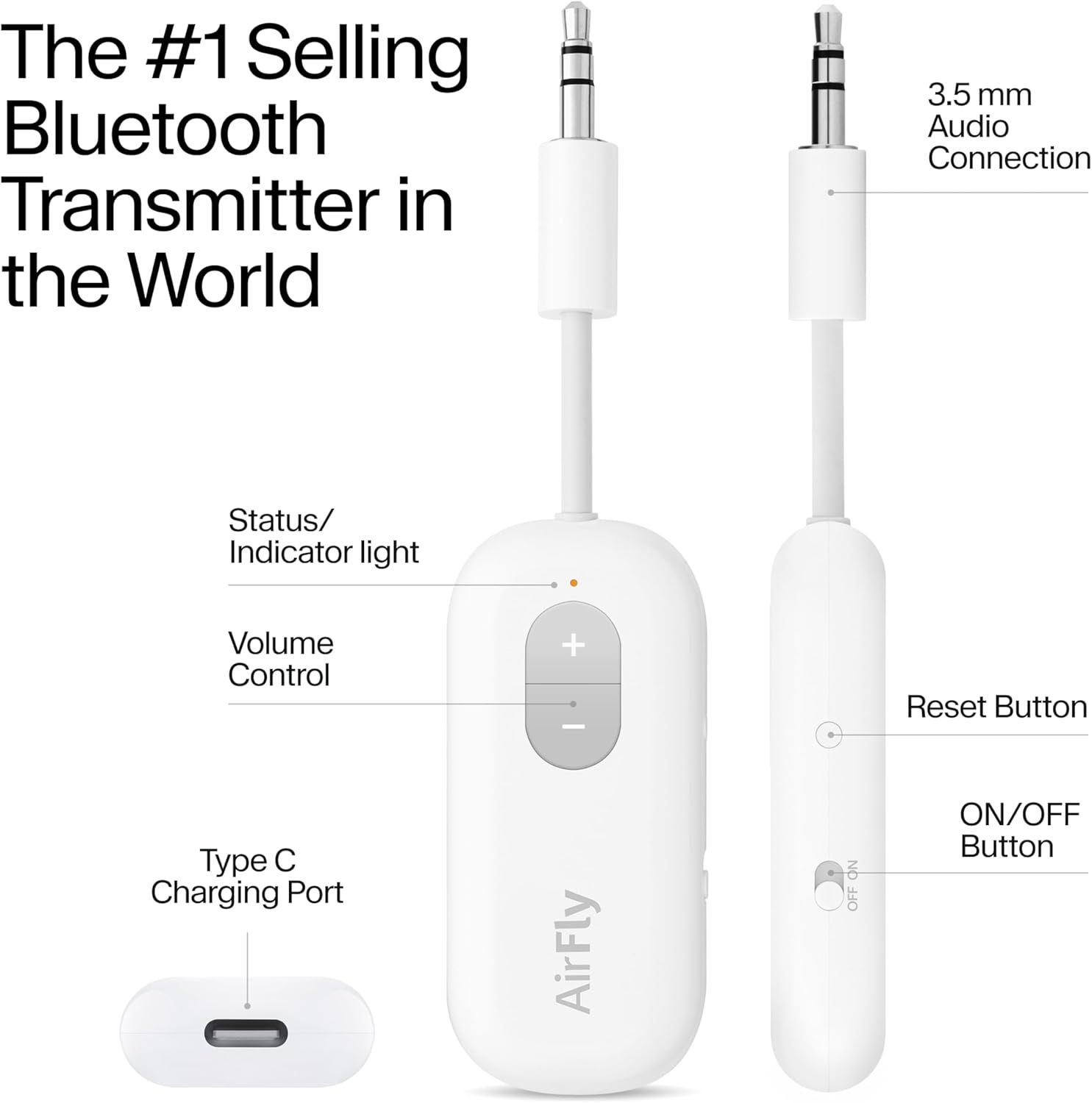 This image breaks down the physical components and controls of the Bluetooth transmitter, helping shoppers understand what each part does and how to operate…