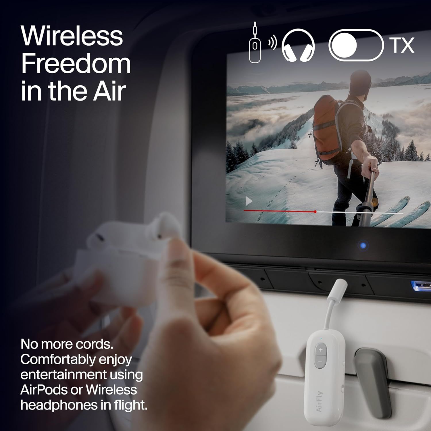Communicates that the product enables wireless freedom for in-flight entertainment, allowing passengers to use AirPods or wireless headphones without cords…