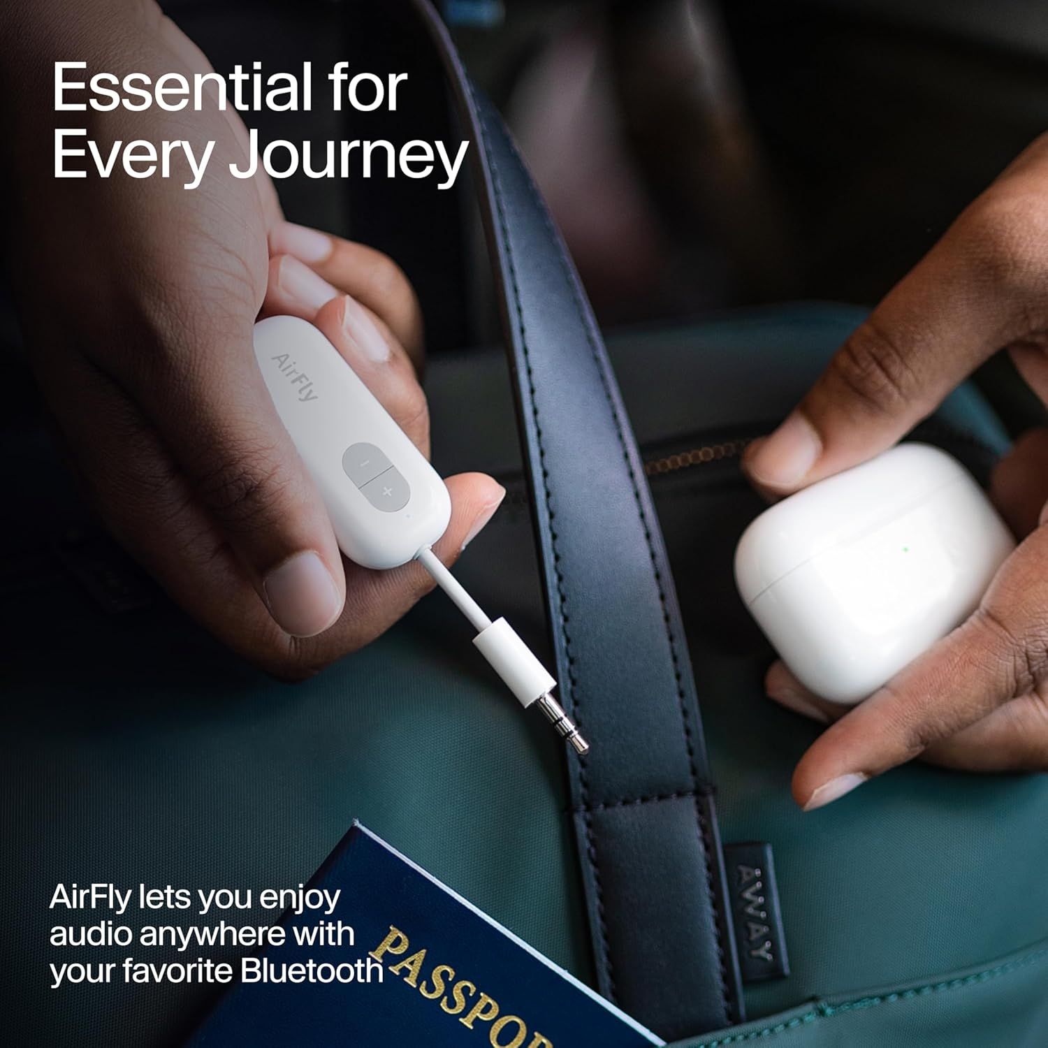 Demonstrates the product's use case for travel, showing how it enables wireless audio connectivity with Bluetooth devices during journeys. Communicates the…