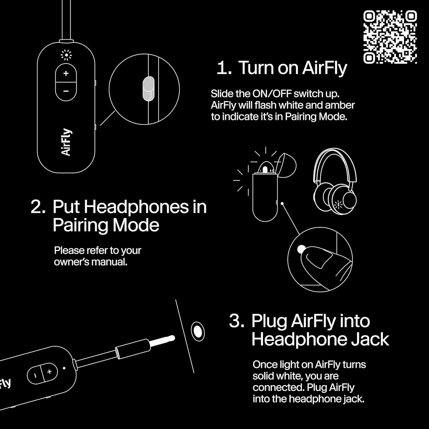 Provides step-by-step instructions for setting up and connecting the AirFly device with headphones, making the pairing process clear and easy to follow.