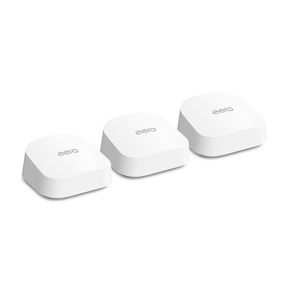 Displays the product in a clean, catalog-style format to show what the customer receives: three eero mesh router units with brand logo visible.