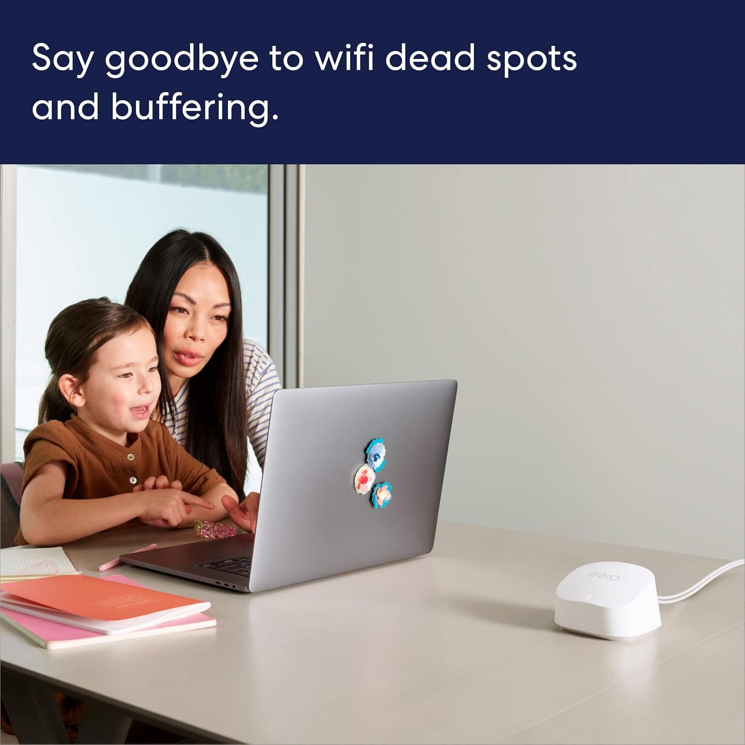Communicates that the product solves connectivity problems by eliminating WiFi dead spots and buffering, showing a real-world home use scenario with a parent…