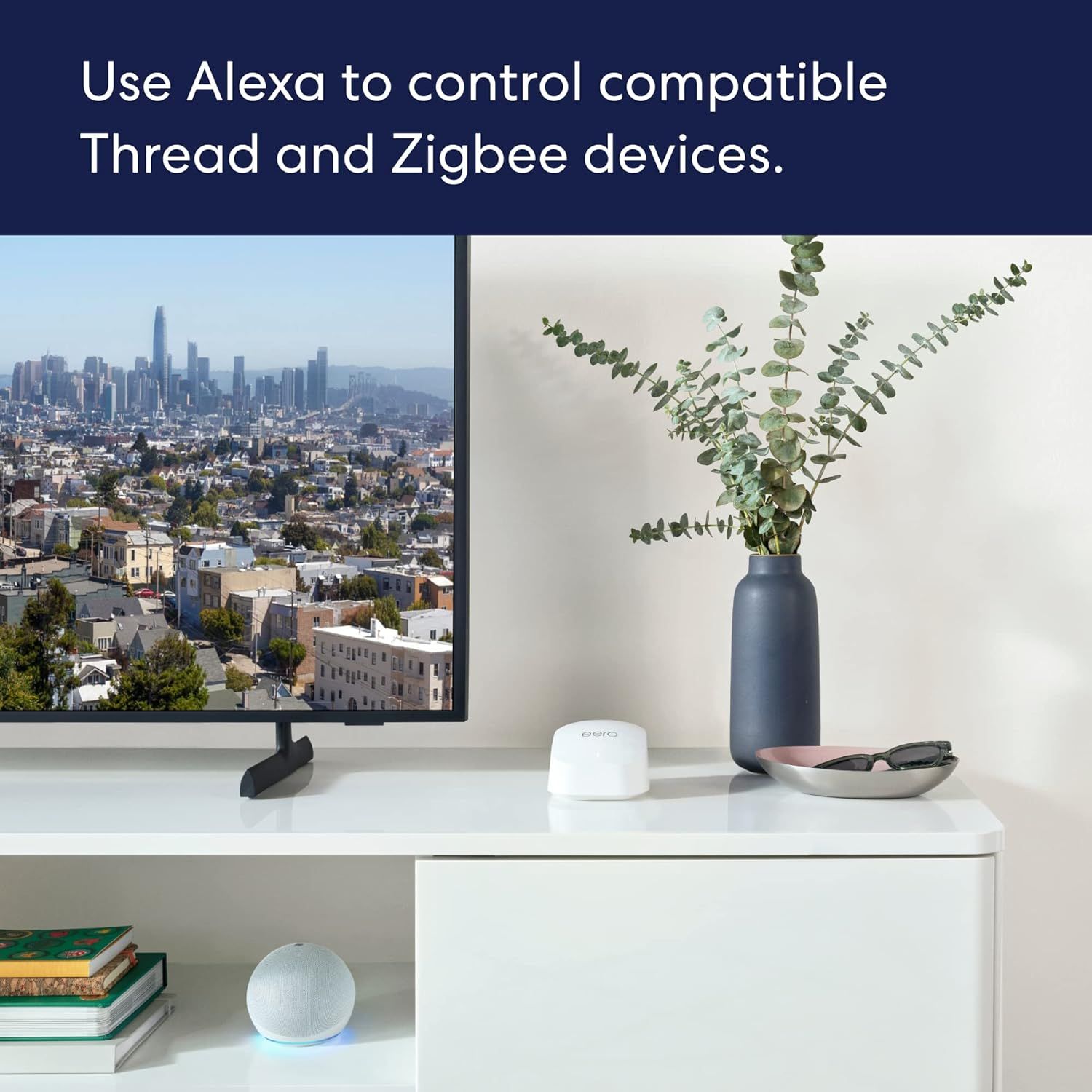 Demonstrates the product's compatibility with Alexa voice control and its ability to work with Thread and Zigbee smart home devices, reassuring shoppers about…
