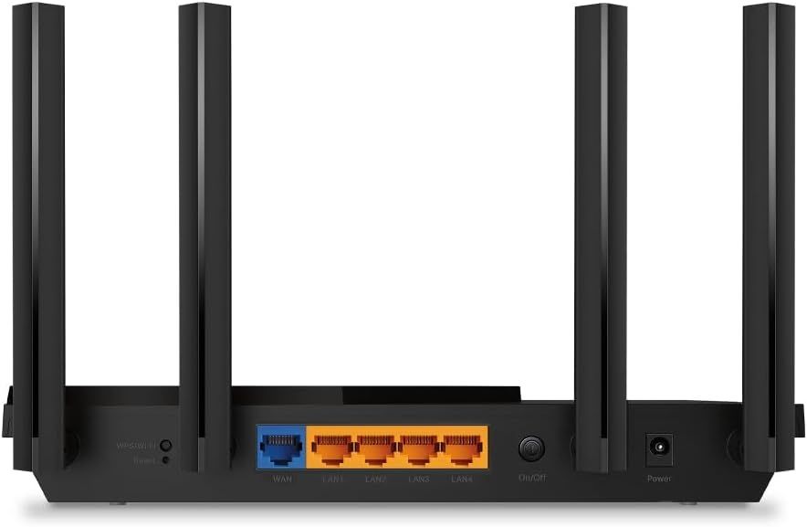 Shows the back panel port layout and physical components of the router, helping shoppers understand the connectivity options and physical interface of the…