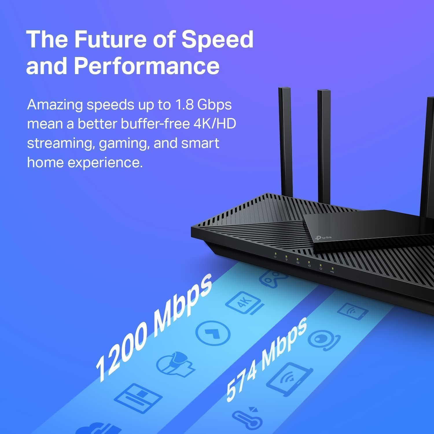 Highlights the router's impressive speed capabilities (up to 1.8 Gbps) to communicate superior performance for streaming, gaming, and smart home applications.…