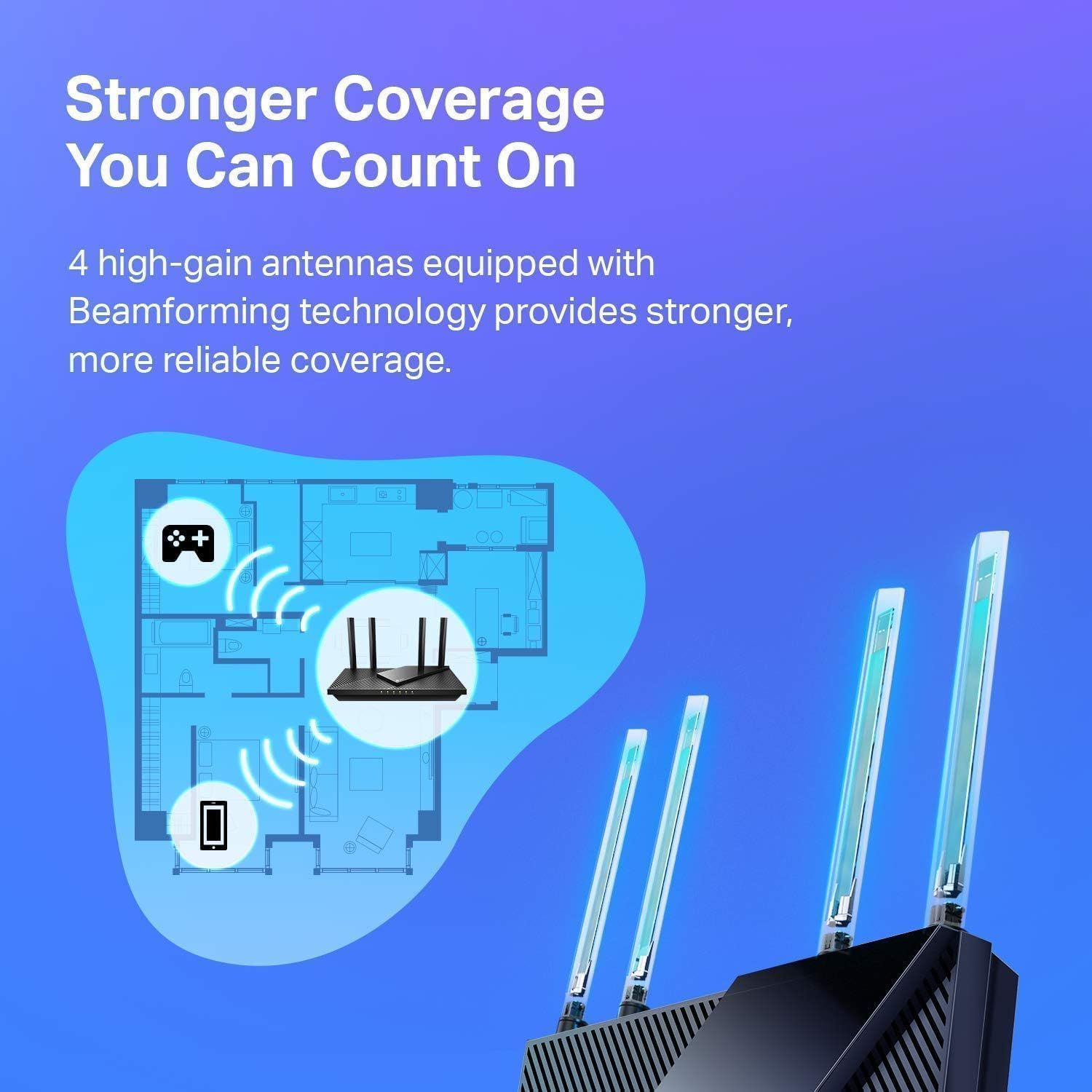 Communicates the product's superior wireless coverage and reliability through its 4 high-gain antennas with beamforming technology, reassuring shoppers of…