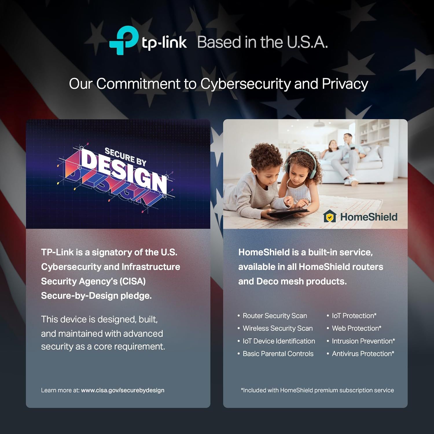 Communicates TP-Link's commitment to cybersecurity and privacy by highlighting their Secure-by-Design pledge and the comprehensive HomeShield security service…