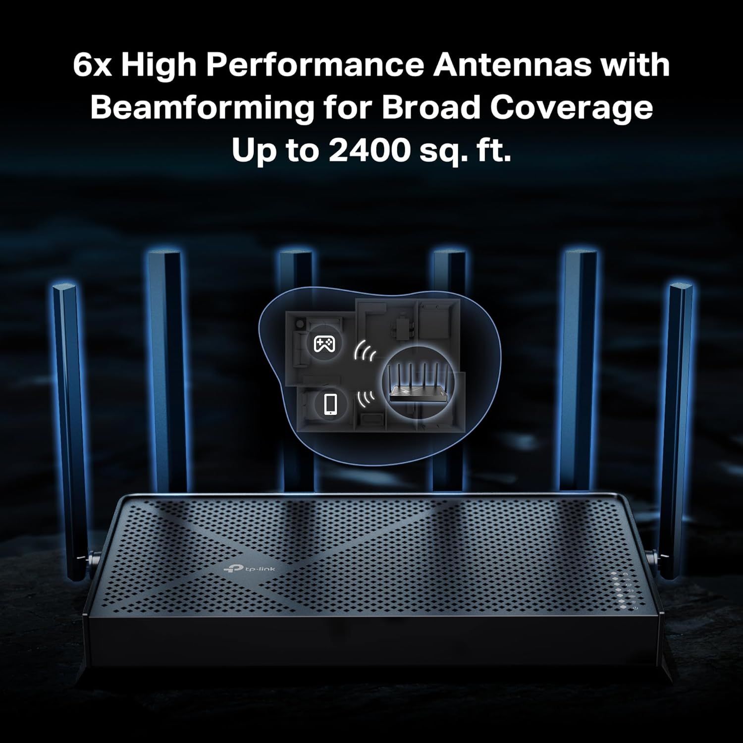 Highlights the internal antenna configuration and beamforming technology to demonstrate how the router delivers broad wireless coverage up to 2400 sq. ft.…