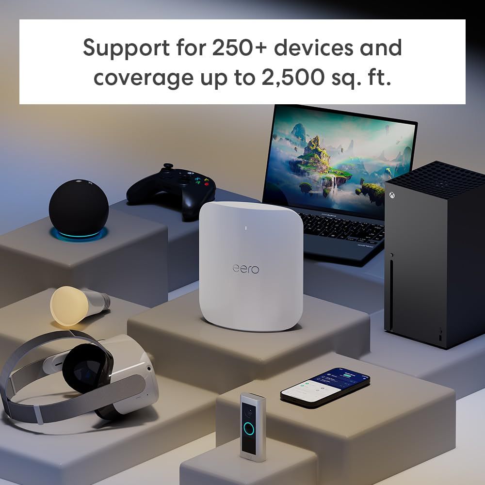 Communicates the router's impressive capacity to support 250+ devices and provide coverage up to 2,500 sq. ft., reassuring shoppers about its performance for…