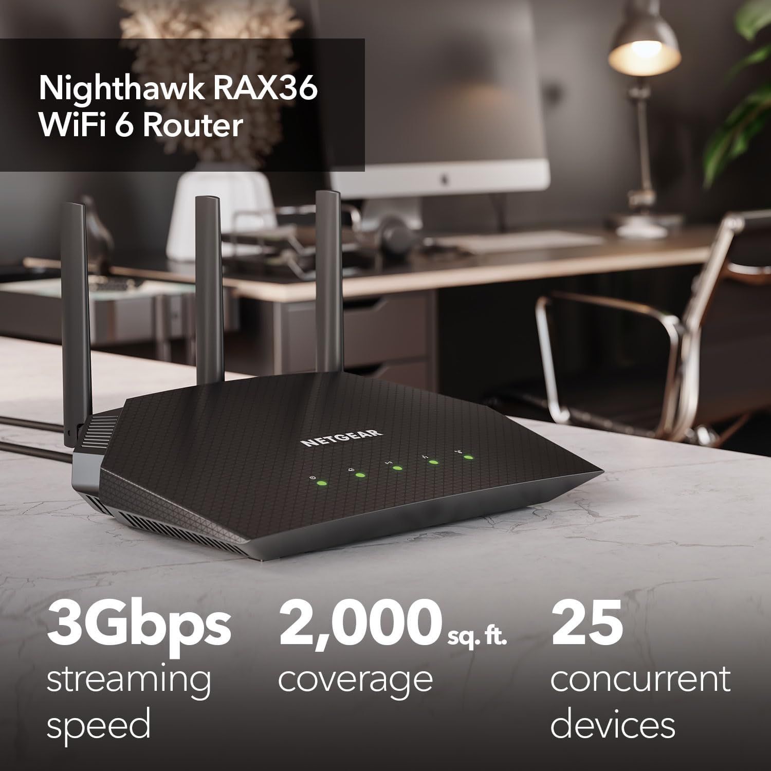 Communicates the router's key performance specifications across three distinct benefit areas: speed, coverage area, and device capacity to help shoppers…