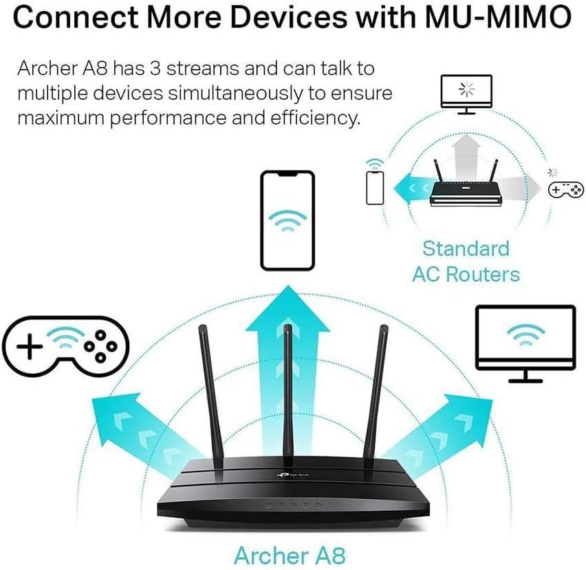 Communicates that the Archer A8 router can connect to multiple devices simultaneously using MU-MIMO technology, ensuring better performance and efficiency…