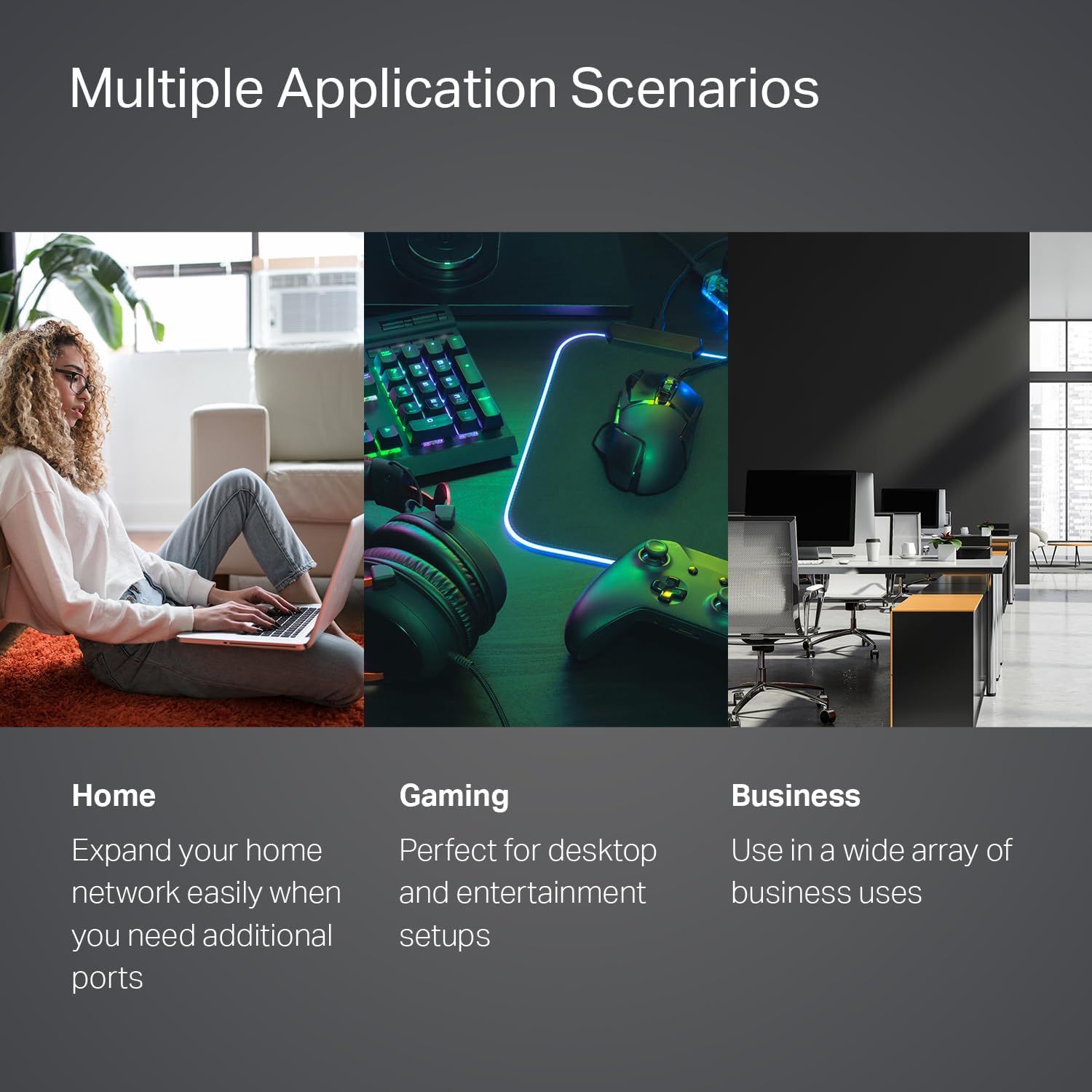 Demonstrates the product's versatility by showing three distinct use cases: home networking, gaming/entertainment setups, and business environments,…