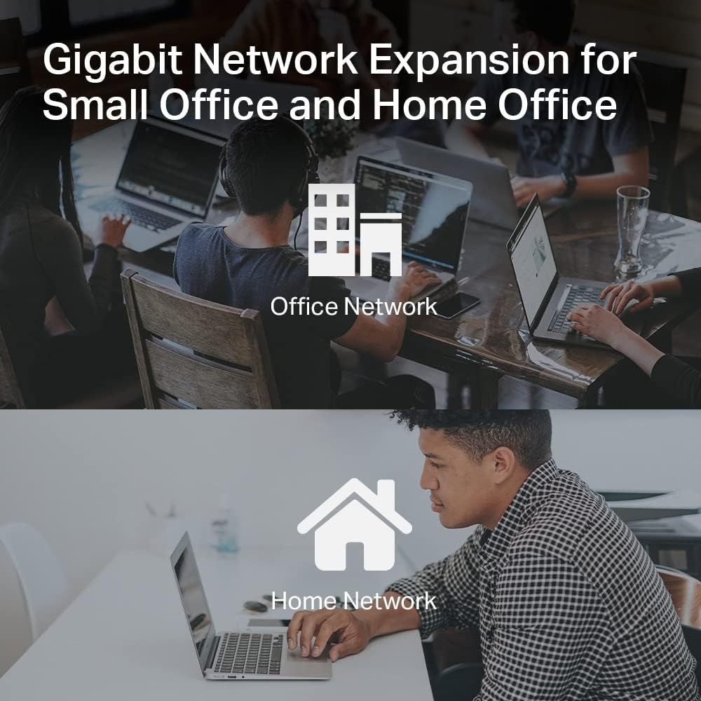 Demonstrates the product's versatility by showing it works in multiple environments—both small office settings and home office setups—to reassure shoppers it fits their networking needs.