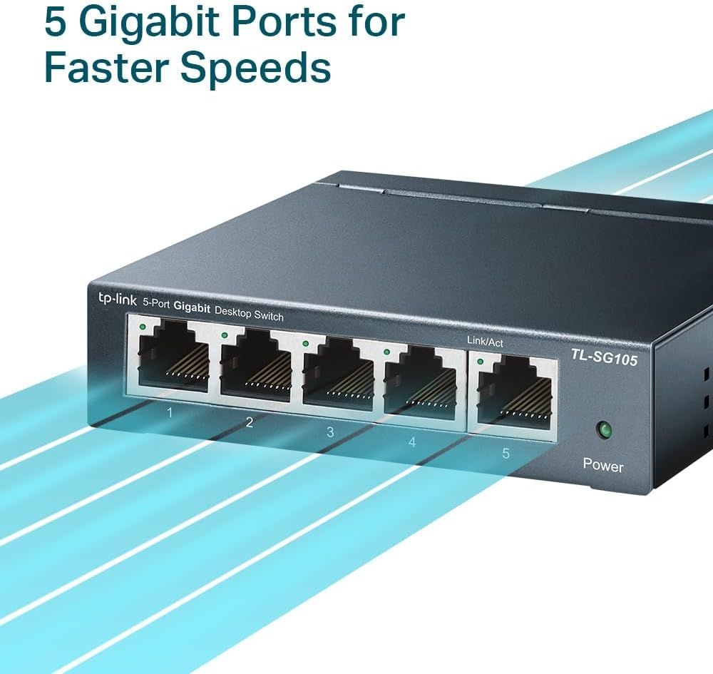 Communicates the key performance specification of 5 Gigabit ports to emphasize faster data transfer speeds and network capability. Highlights the primary benefit of faster network speeds enabled by…