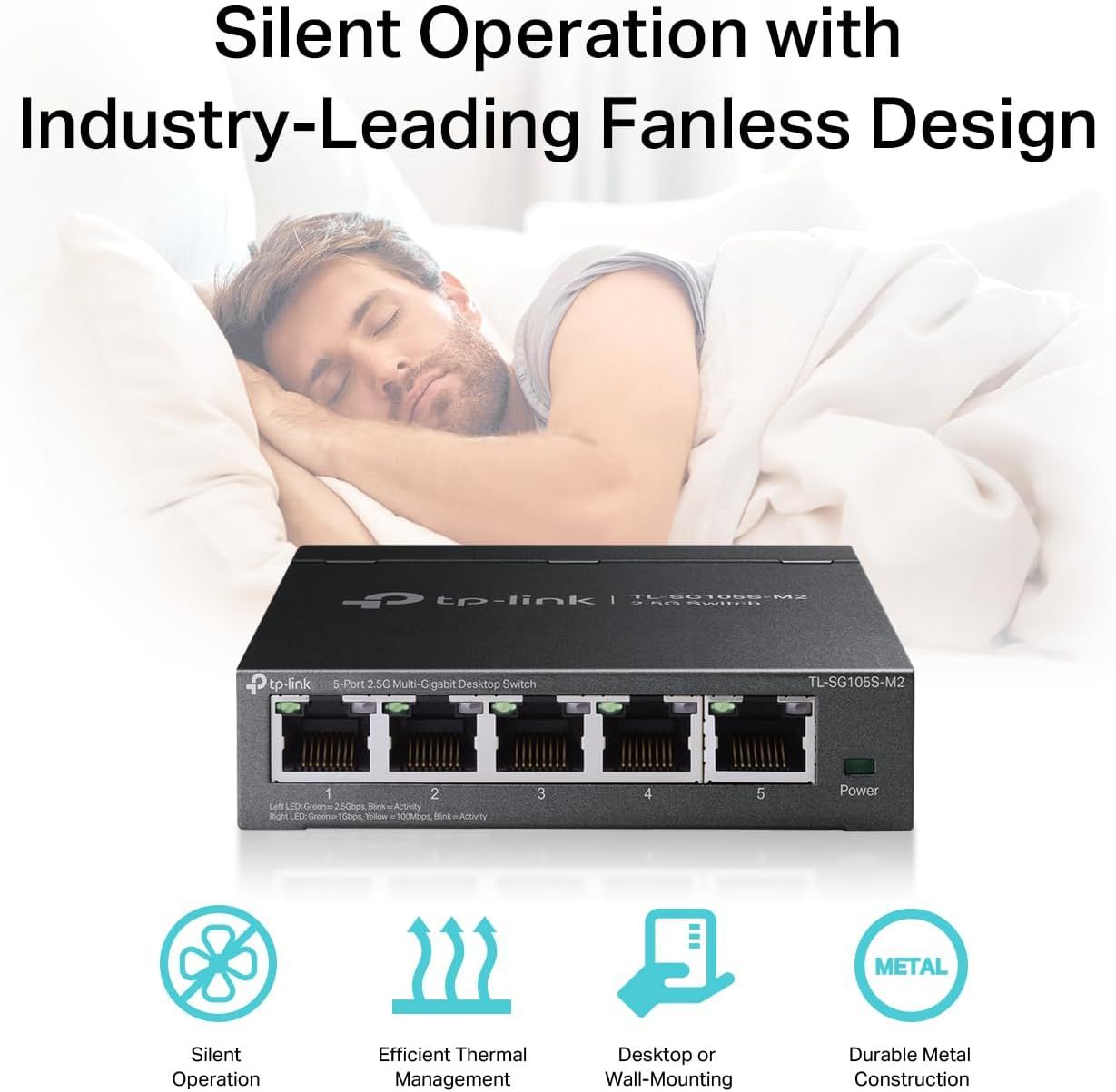 Communicates multiple key benefits of the network switch in a segmented layout, emphasizing its quiet fanless design, thermal efficiency, mounting…