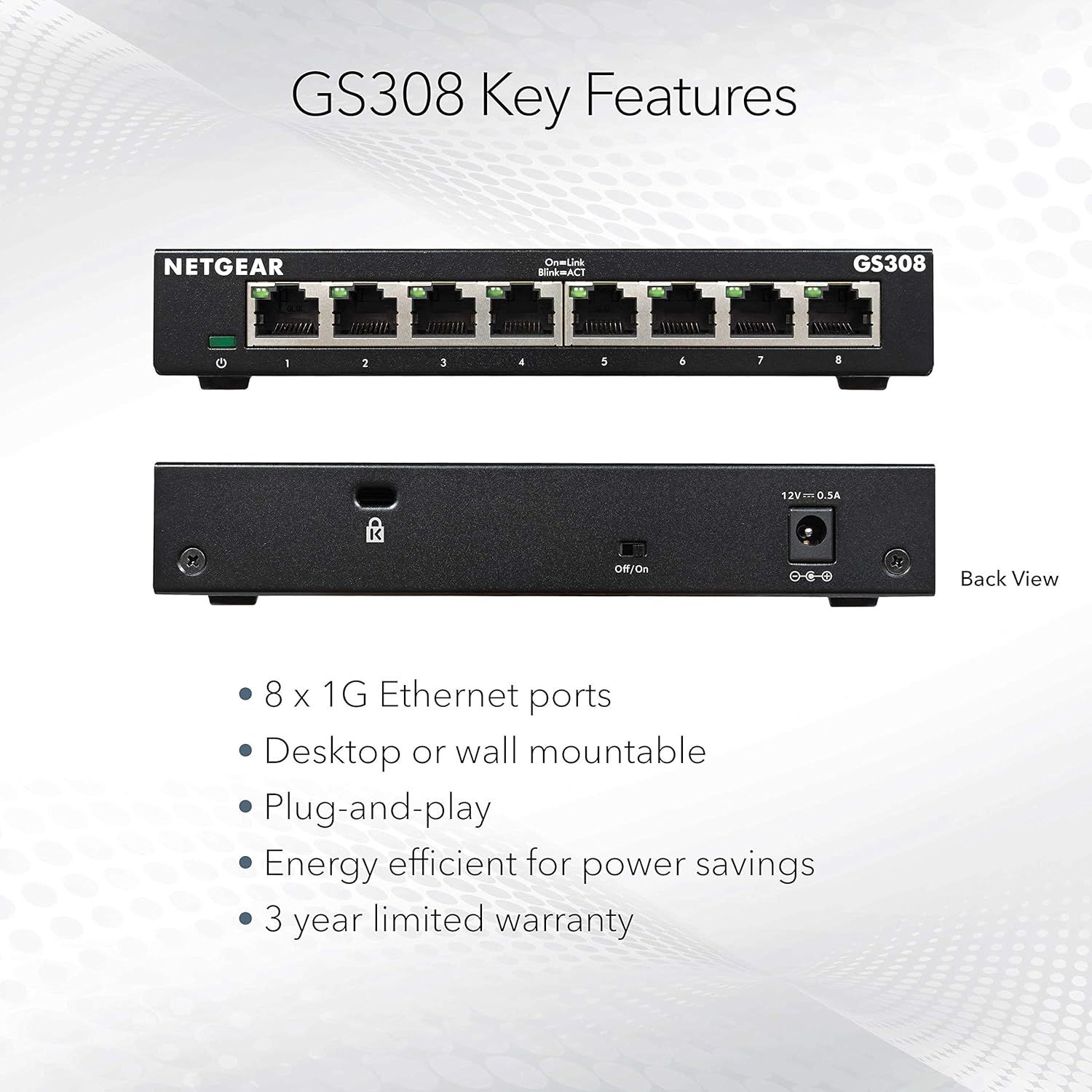 Communicates multiple key features and benefits of the NETGEAR GS308 network switch to help shoppers understand its capabilities, installation flexibility, ease of use, efficiency, and warranty…