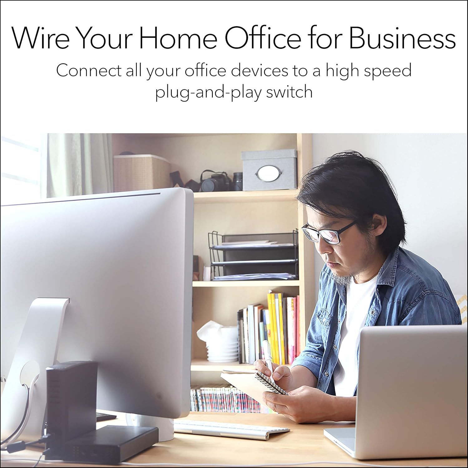 Demonstrates the product's application in a home office business environment, showing how it enables connectivity for multiple office devices in a real-world work-from-home scenario. Communicates…