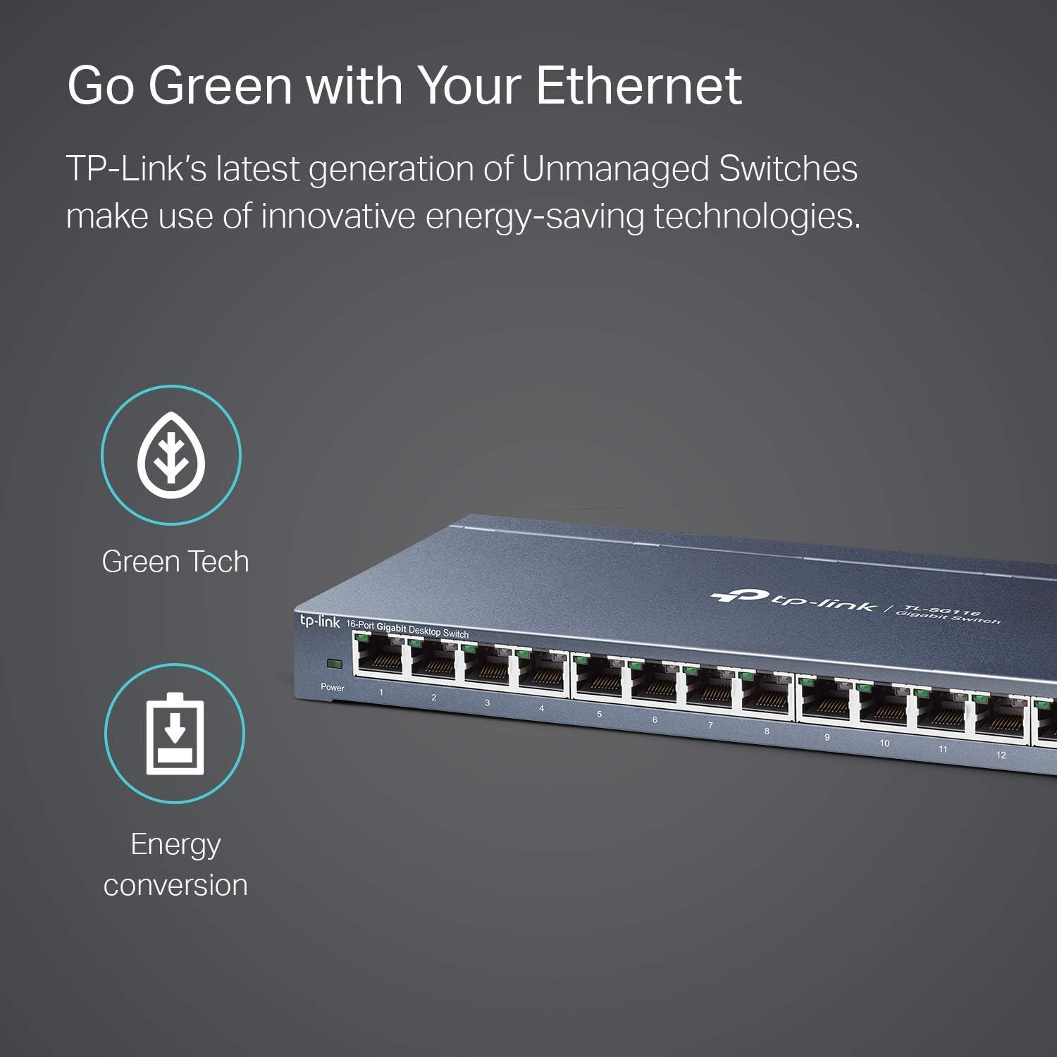 Communicates that the TP-Link Ethernet switch uses innovative energy-saving technologies through two distinct environmental benefits: green tech and energy…