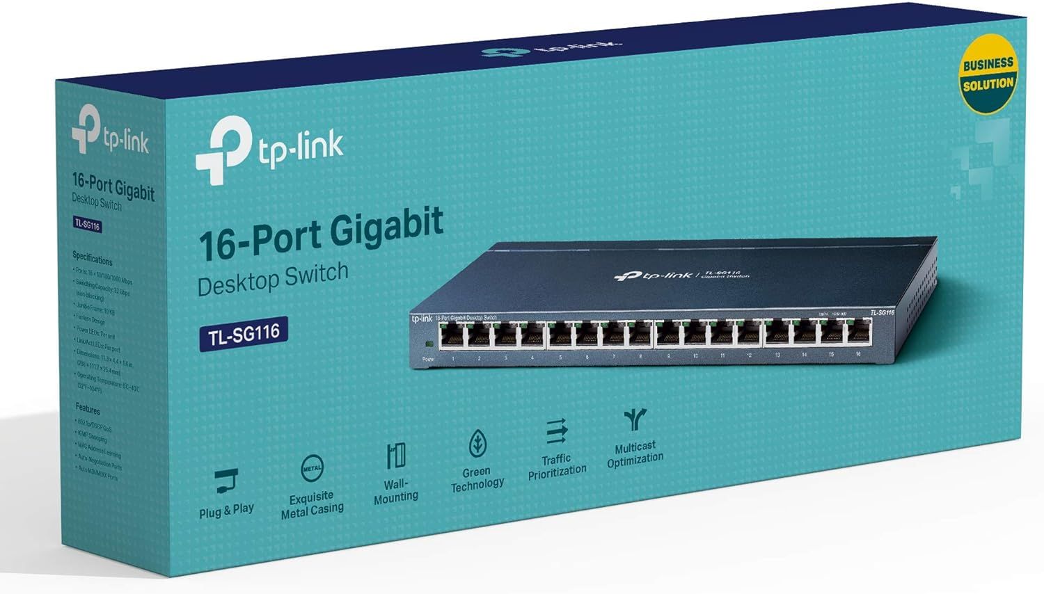 Communicates multiple distinct selling benefits of the network switch in a segmented icon layout, reassuring shoppers of its ease of use, build quality,…