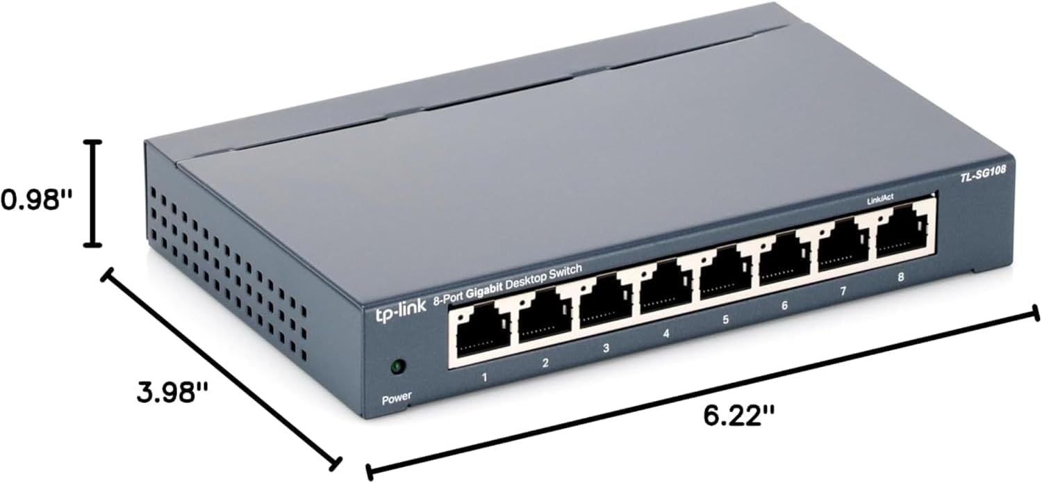 Communicates the physical dimensions of the network switch to help shoppers understand its compact desktop size and ensure it fits their workspace.