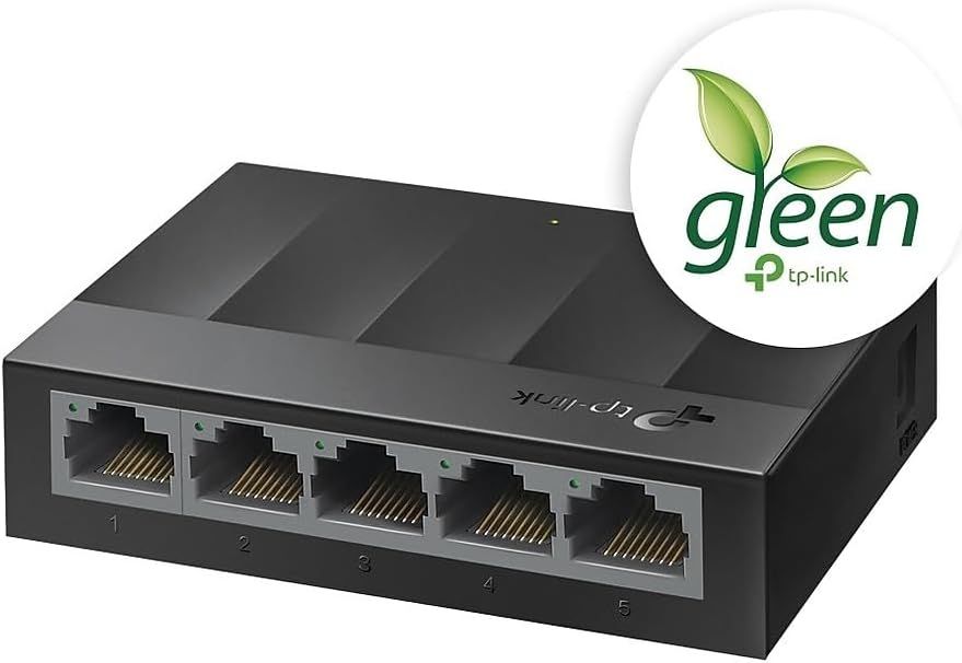 Communicates the product's environmental responsibility through the green branding badge, reassuring shoppers that this is an energy-efficient and eco-conscious networking device.