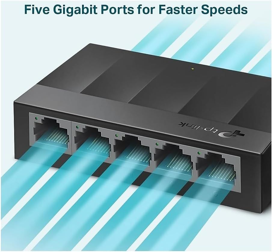 Communicates that the product has five gigabit ethernet ports to deliver faster network speeds, reassuring shoppers about connectivity performance and capacity.