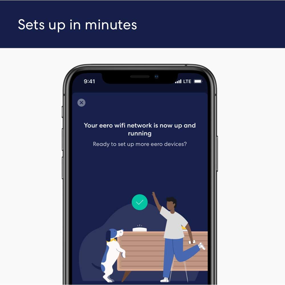 Demonstrates that the eero wifi network can be set up quickly and easily in just minutes, reassuring shoppers that installation is simple and hassle-free. Communicates the key benefit of quick and…