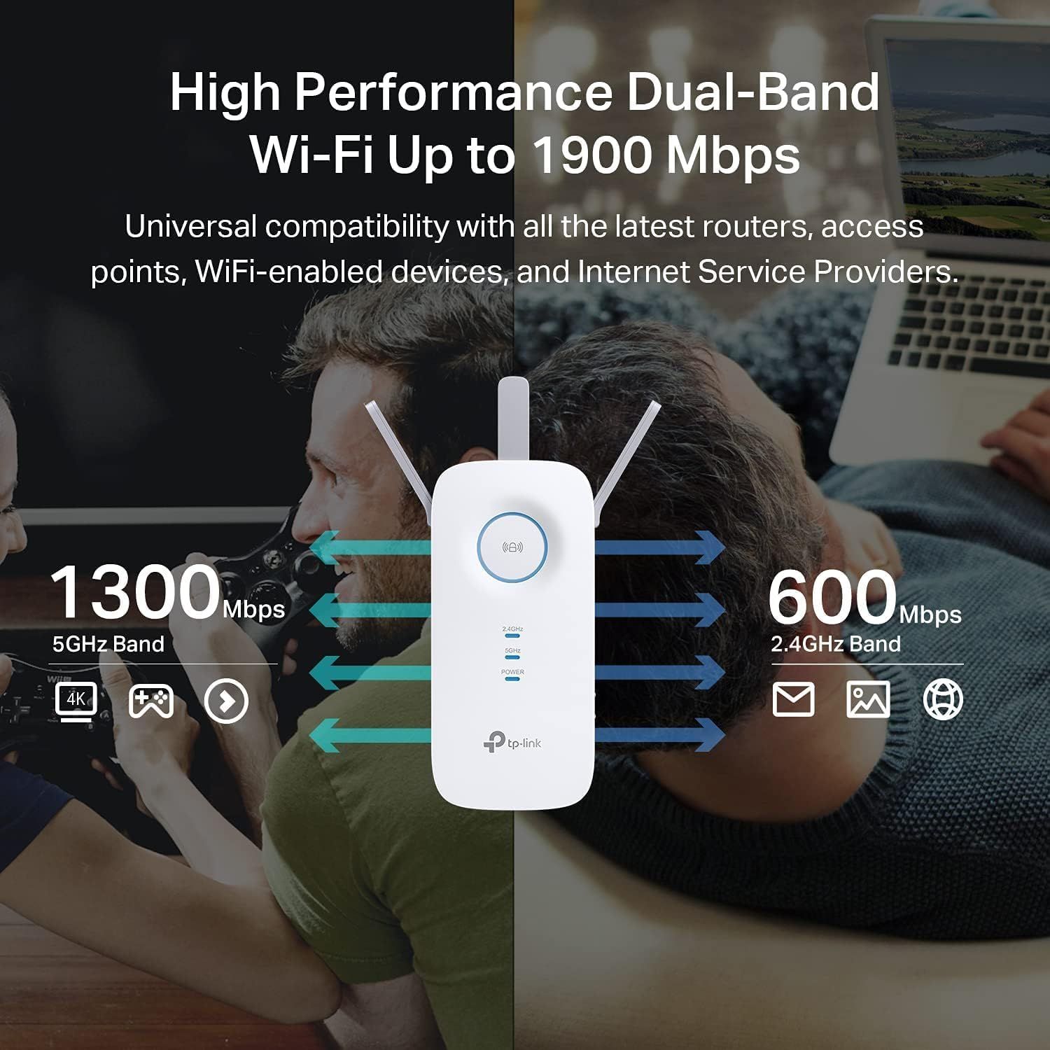 Communicates the high-performance Wi-Fi speeds (1300 Mbps on 5GHz and 600 Mbps on 2.4GHz) to reassure shoppers of fast, reliable connectivity for streaming, gaming, and browsing. Highlights…