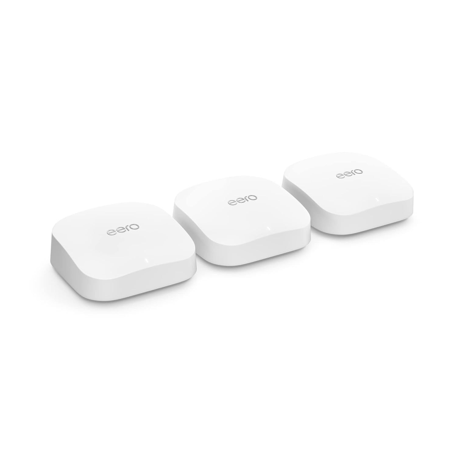 Provides a clean, catalog-style view of the product showing three eero units on a white background with no distractions, allowing shoppers to see the product clearly.