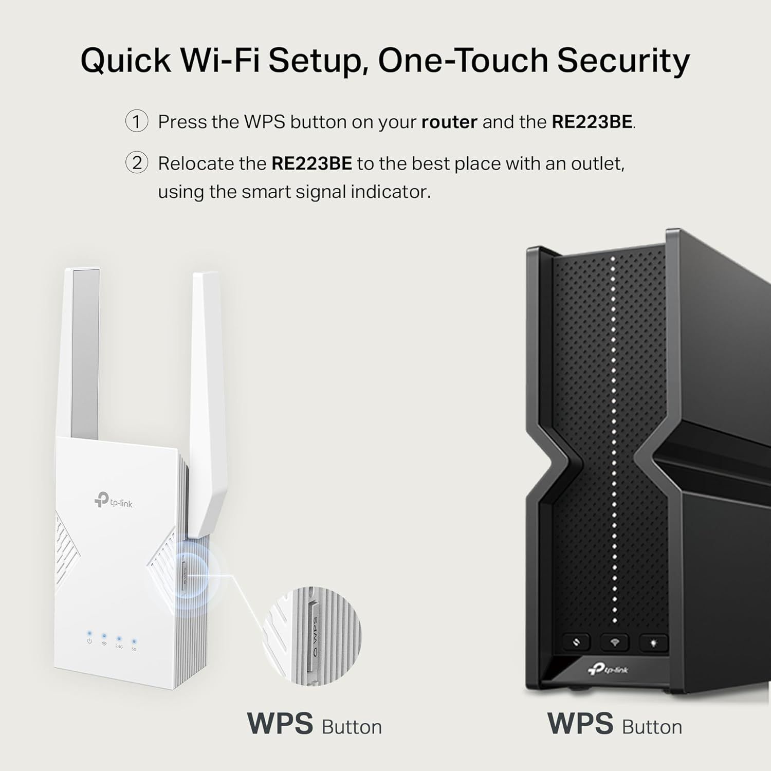 Instructs shoppers on how to easily set up the Wi-Fi extender using the WPS button for quick, secure connection with their router. Highlights the product's ease of installation and one-touch…