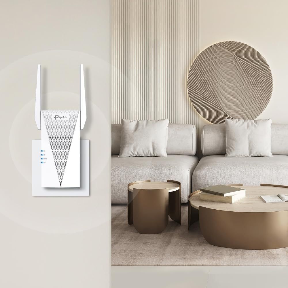 Shows the product in a real-world living room setting to help shoppers visualize how the WiFi extender fits into their home decor and environment.