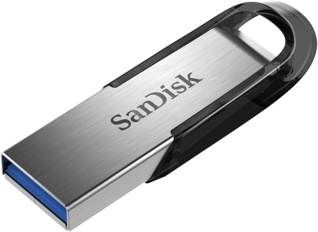Provides a clean, catalog-style product image showing the SanDisk USB flash drive with its carabiner loop design for easy portability.