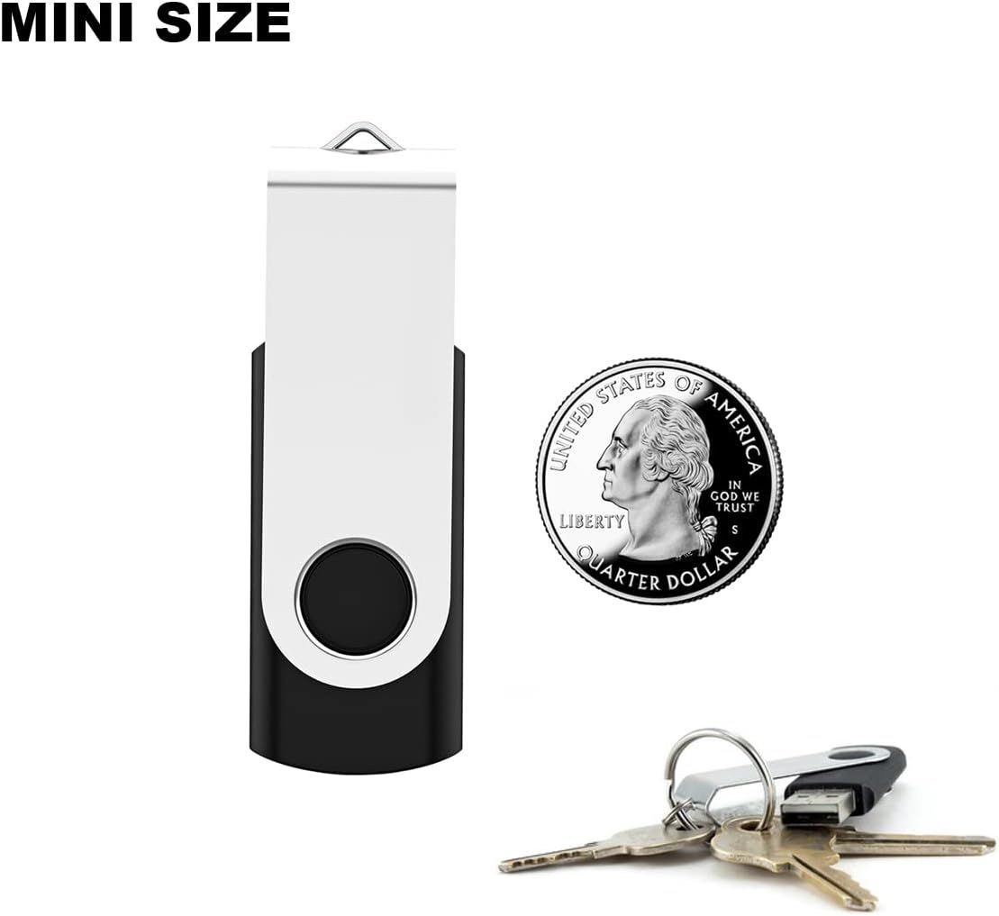 Demonstrates the mini/compact size of the USB drive by comparing it to familiar reference objects (a quarter and keys), reassuring shoppers that it's highly portable and convenient to carry.