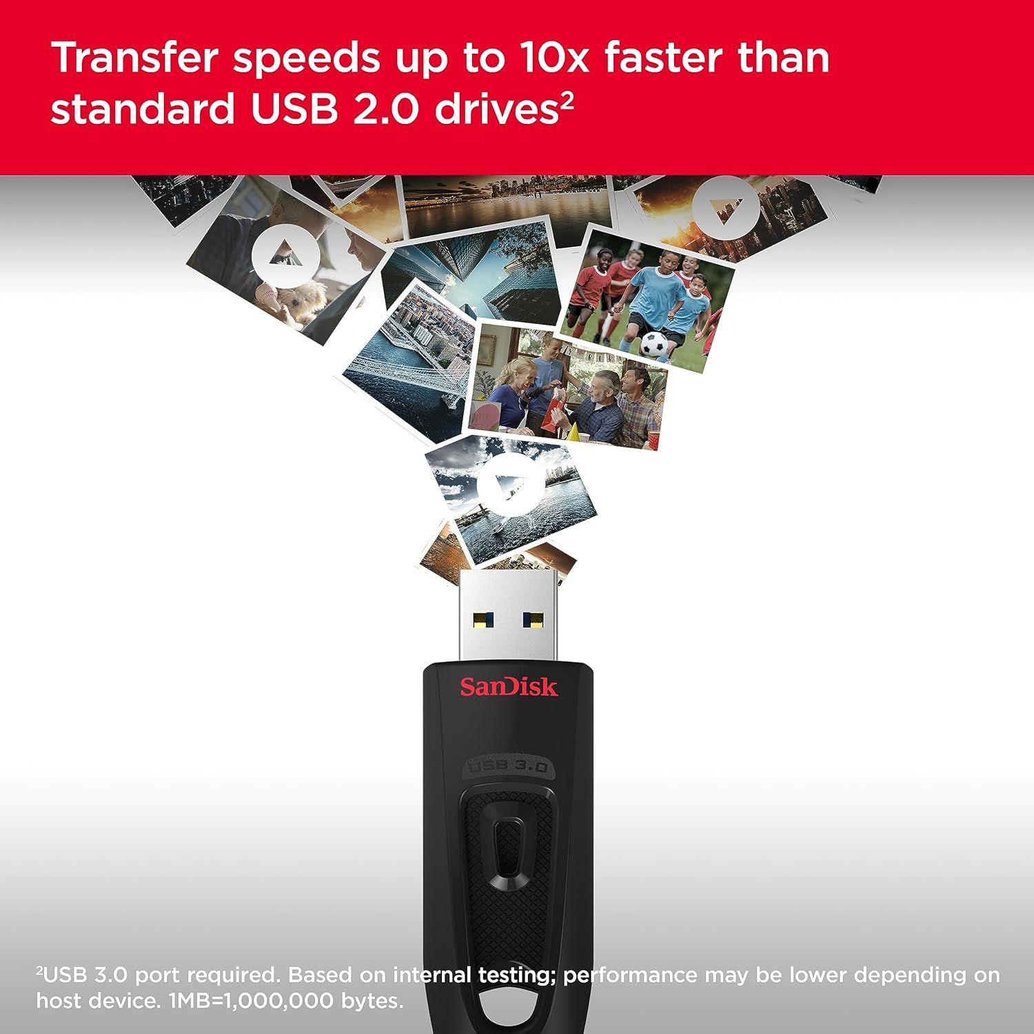 Communicates the product's superior transfer speed performance compared to standard USB 2.0 drives, emphasizing efficiency and time savings for file transfers. Highlights the key benefit of faster…