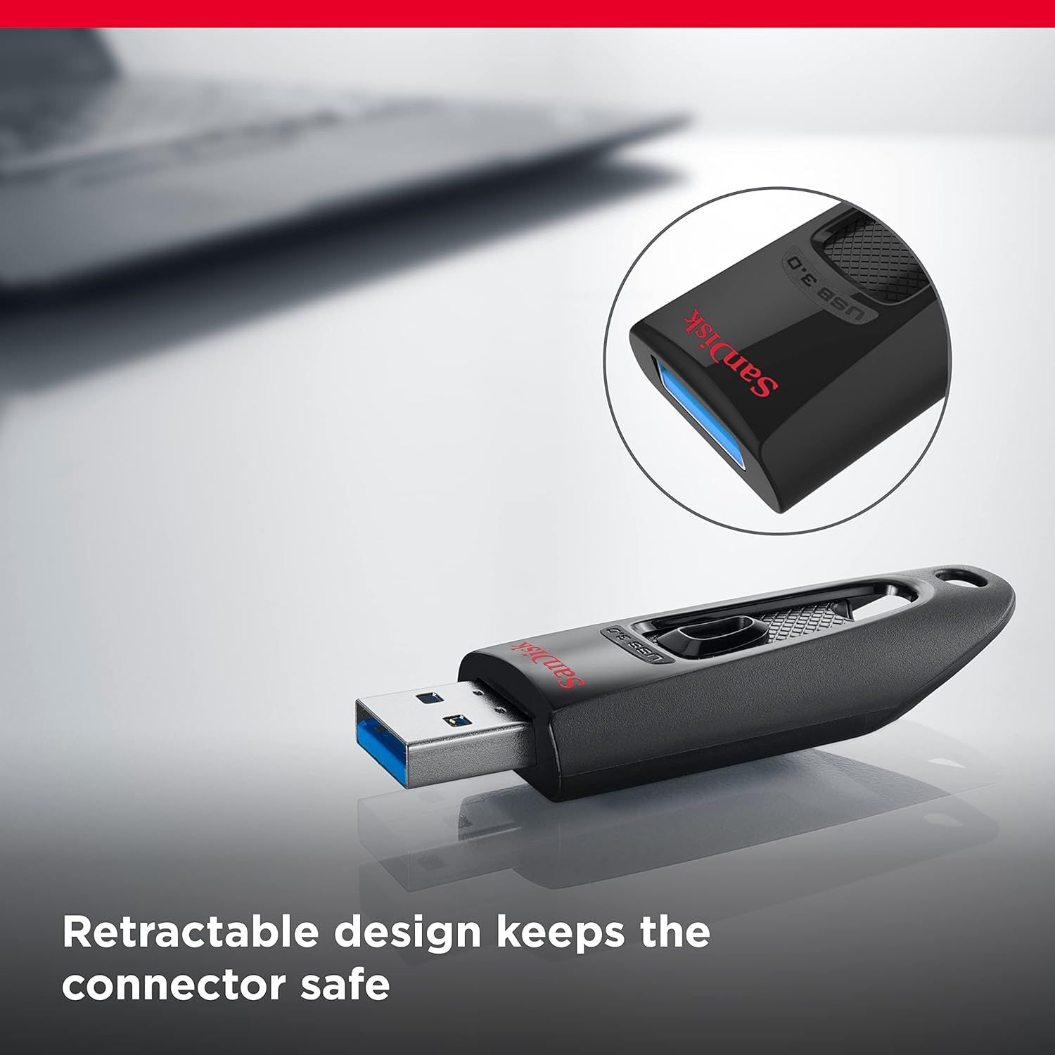 Highlights the retractable USB connector design to reassure shoppers that the product protects the connector from damage and keeps it safe when not in use.