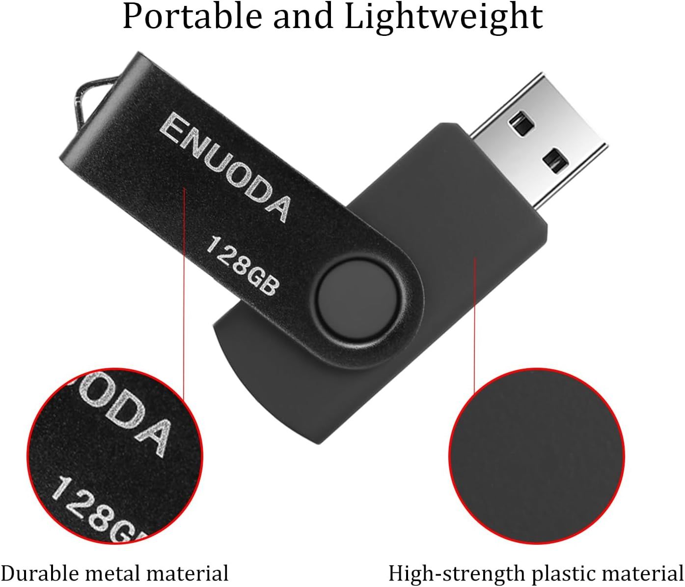 Highlights the physical construction and materials of the USB flash drive, emphasizing durability and quality to reassure shoppers about the product's build.…