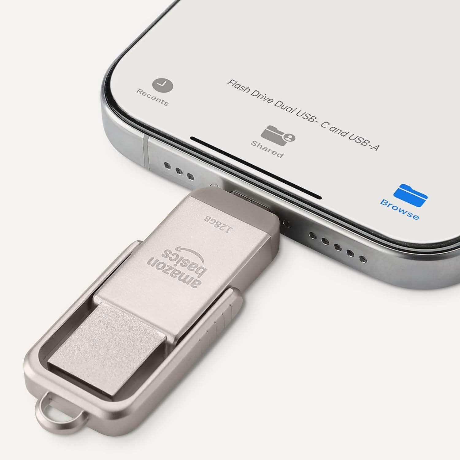 Demonstrates the flash drive's dual-connector design, showing it works with both USB-C and USB-A devices, emphasizing versatility and broad device…
