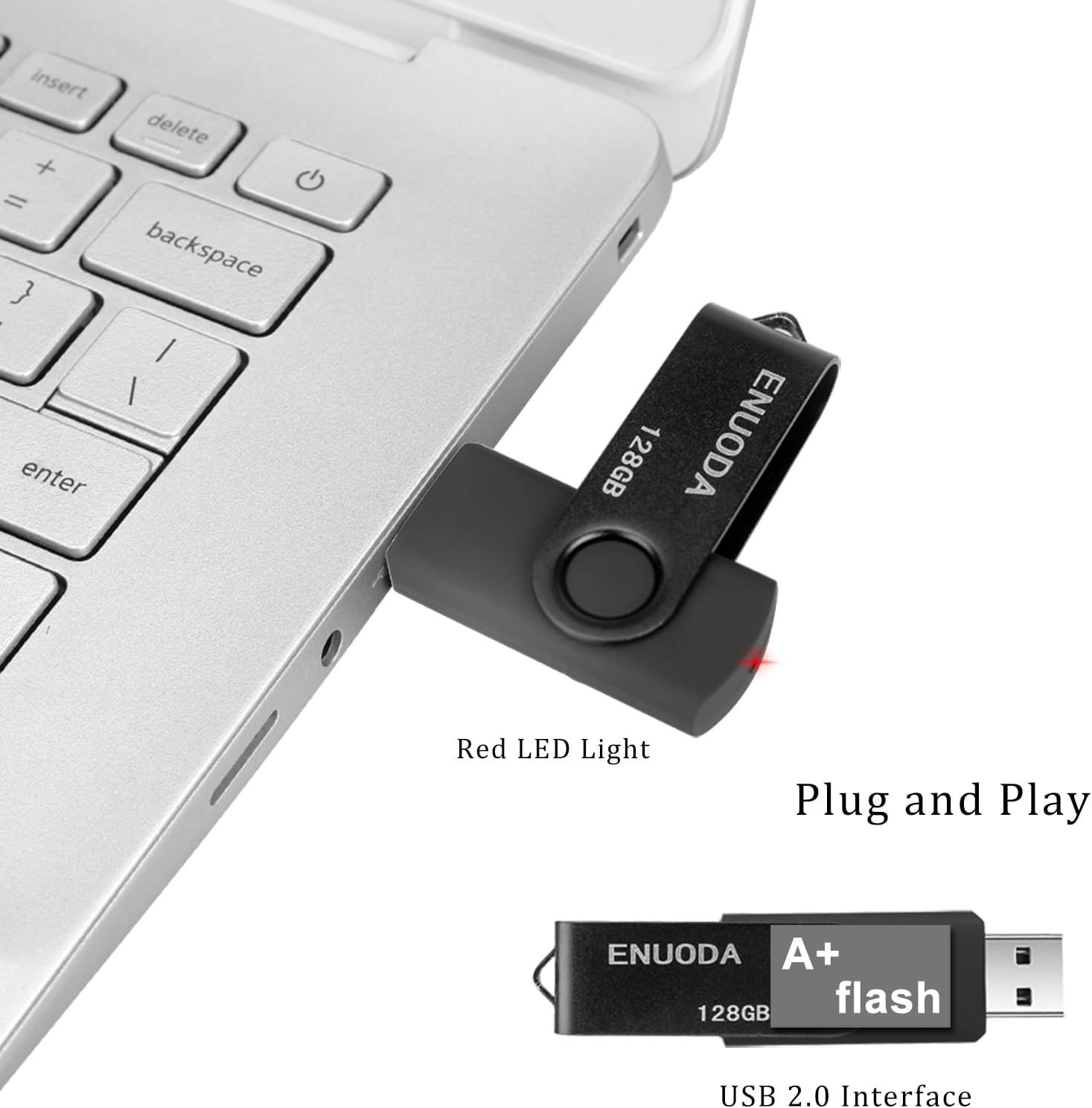 Highlights multiple key features of the USB flash drive including the LED indicator, ease of use, and technical interface specification to communicate…
