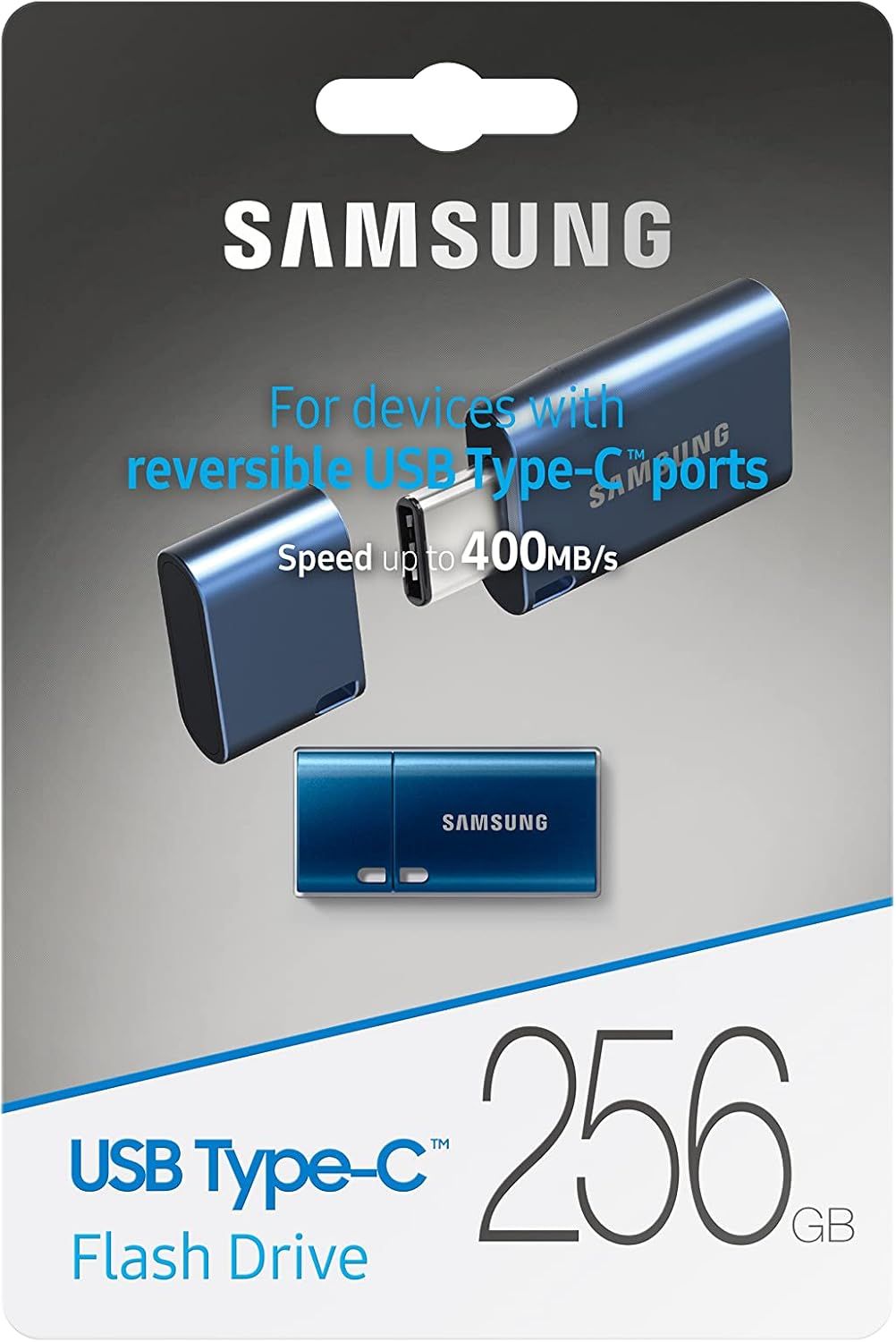 Communicates multiple key product benefits including compatibility with reversible USB Type-C ports, fast transfer speeds, and large storage capacity to help…