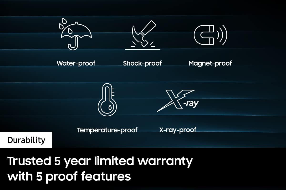 Communicates the product's comprehensive durability and protection features across five distinct proof categories, reinforced by a 5-year warranty to build…