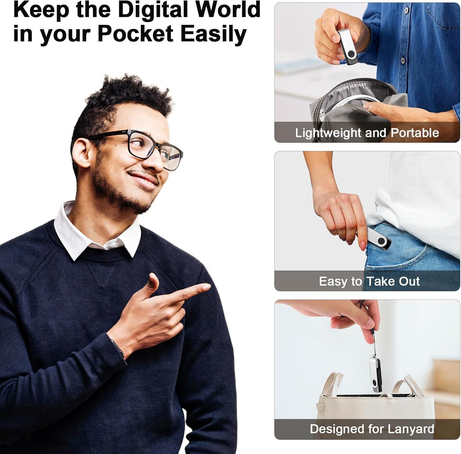 Communicates multiple benefits of the USB flash drive through visually segmented panels, emphasizing its portability, pocket-friendly design, and convenient…
