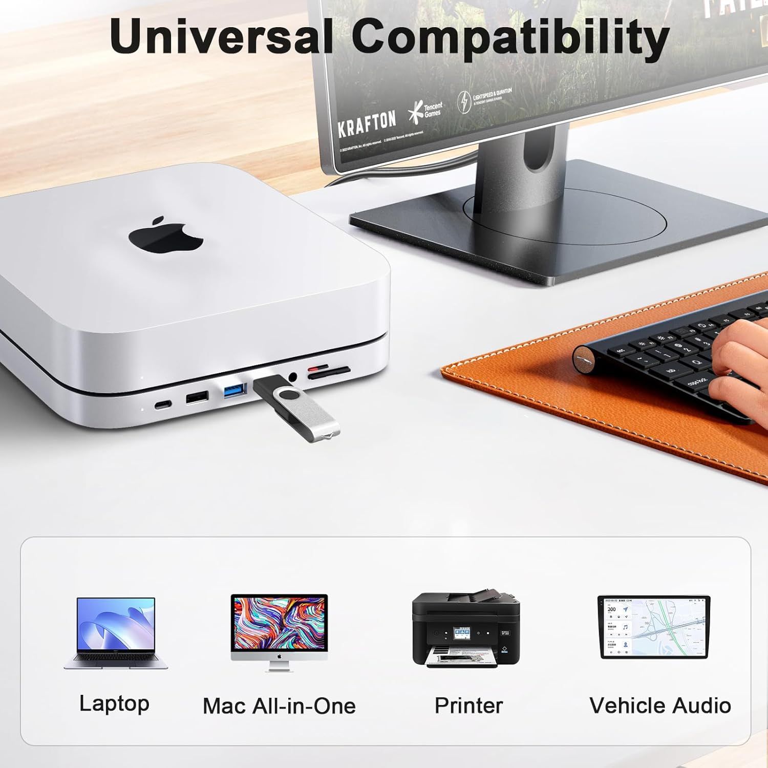 Demonstrates that the product (USB hub/adapter) is compatible with multiple devices including laptops, Mac computers, printers, and vehicle audio systems,…
