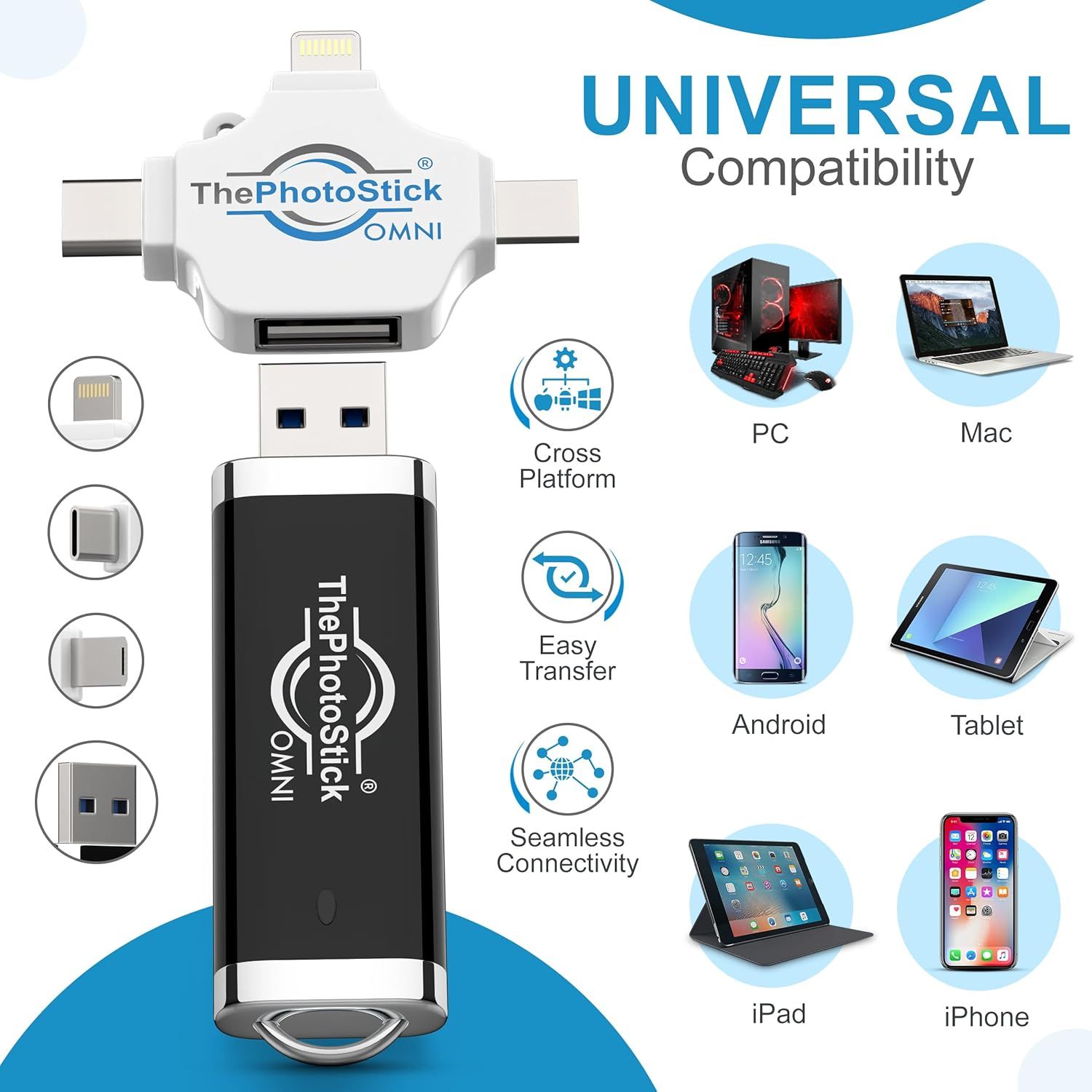 Demonstrates that ThePhotoStick OMNI works with multiple devices and platforms (PC, Mac, Android, Tablet, iPad, iPhone), reassuring shoppers of its…