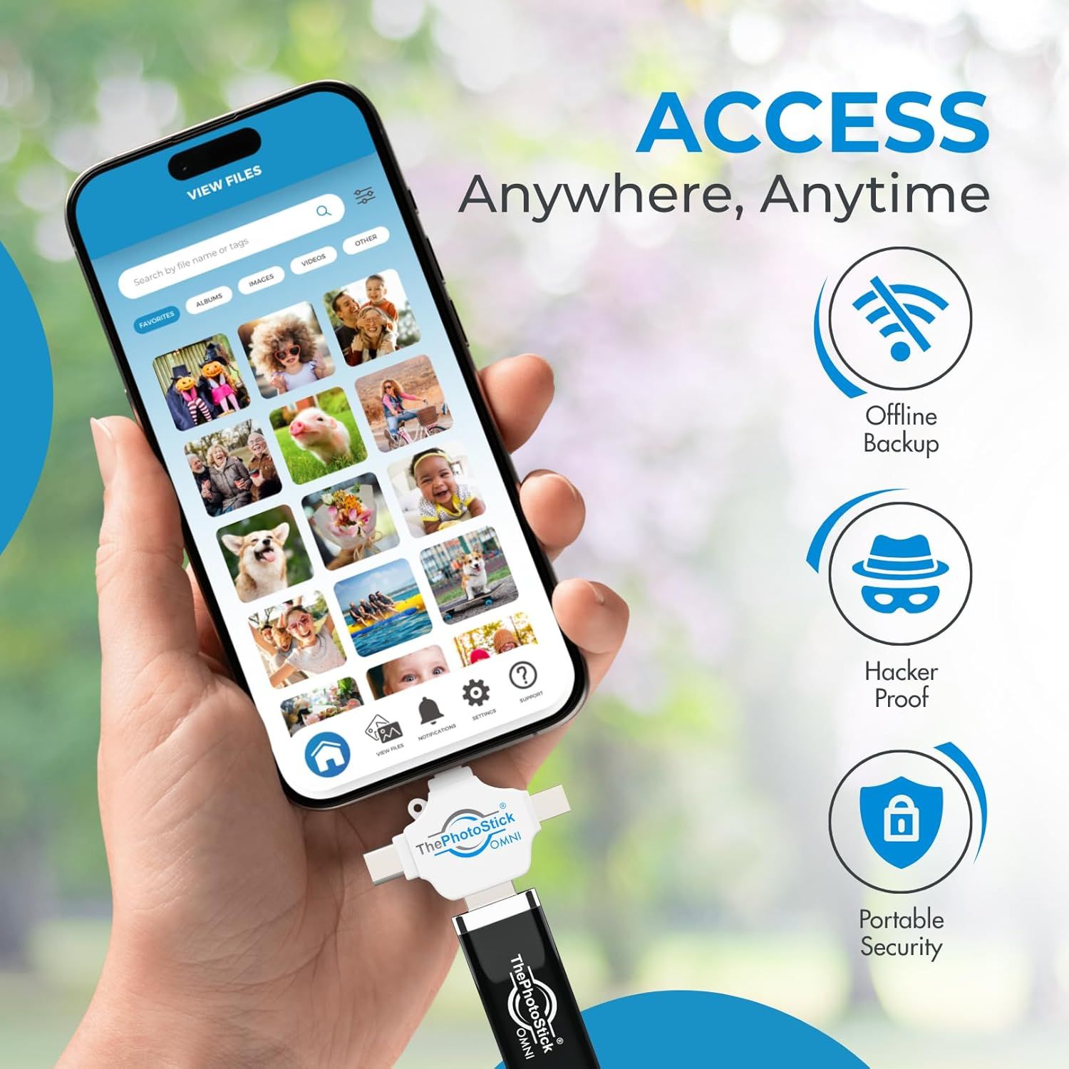 Communicates multiple security and convenience benefits of the photo storage device, emphasizing offline backup, hacker protection, portability, and universal…