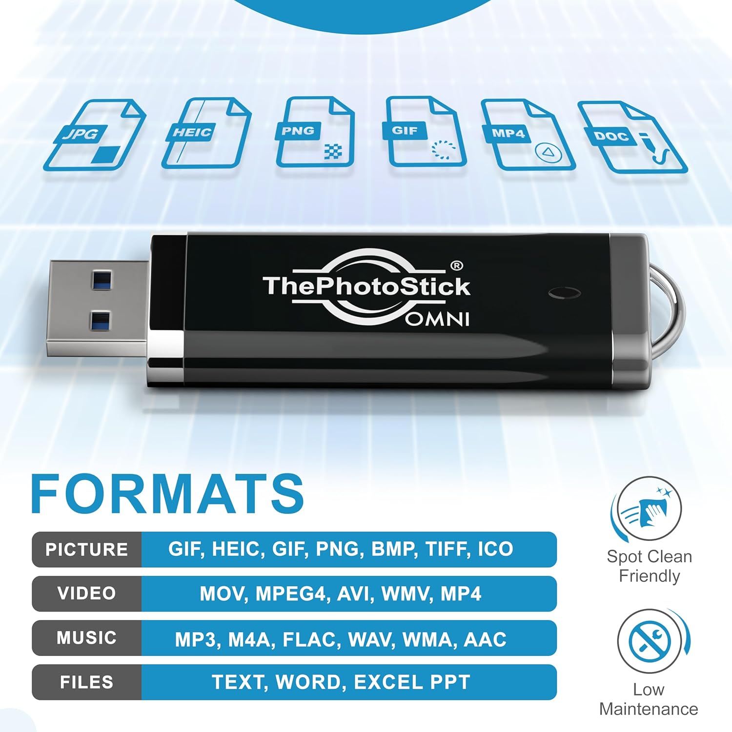 Communicates the USB drive's versatility by showing it supports multiple file formats across pictures, videos, music, and documents, while also highlighting…