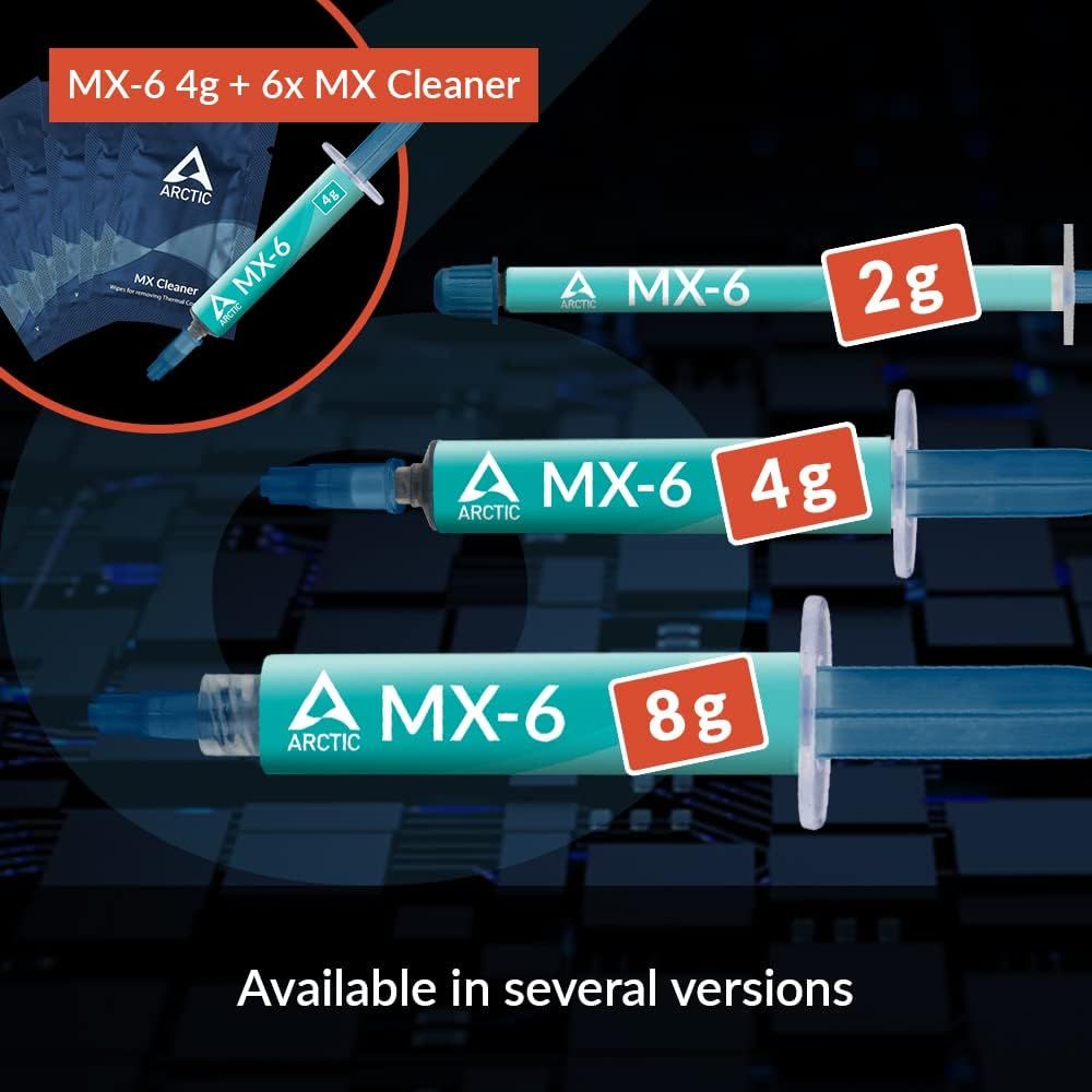 Shows the different size options available in the Arctic MX-6 thermal paste product line to help shoppers choose the right quantity for their needs.