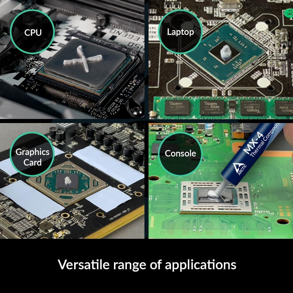 Demonstrates the product's versatility by showing it can be used across multiple device types and computing applications, from desktop CPUs to laptops,…