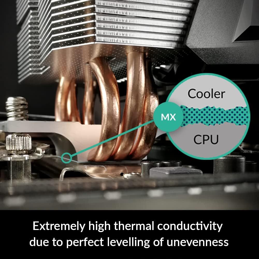 Highlights the thermal paste (MX) layer between the CPU cooler and CPU, demonstrating how the product achieves high thermal conductivity through perfect…